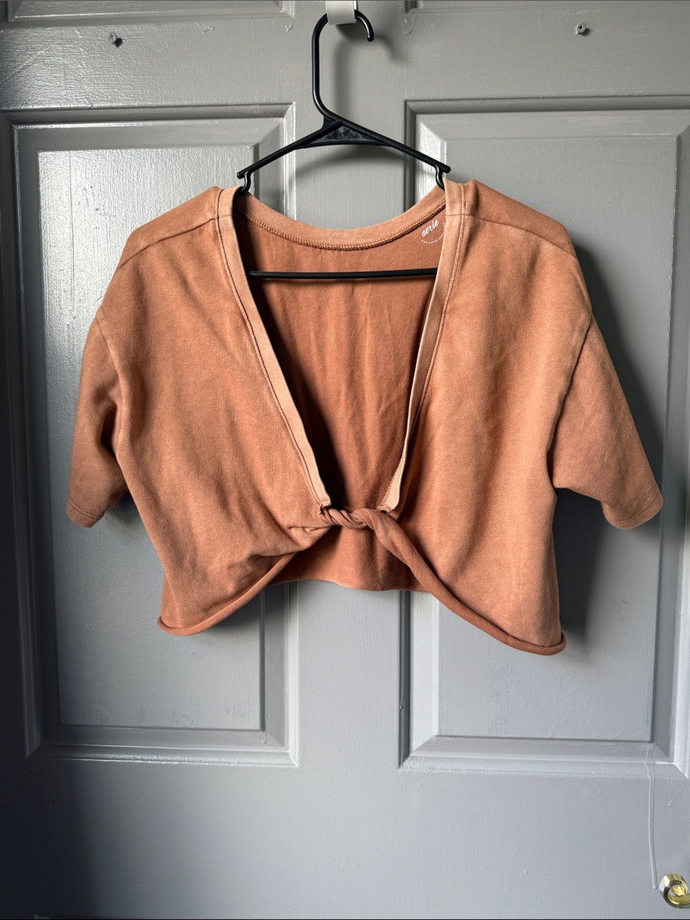 aerie Knot-Tie Cropped V-Neck Top in Terracotta